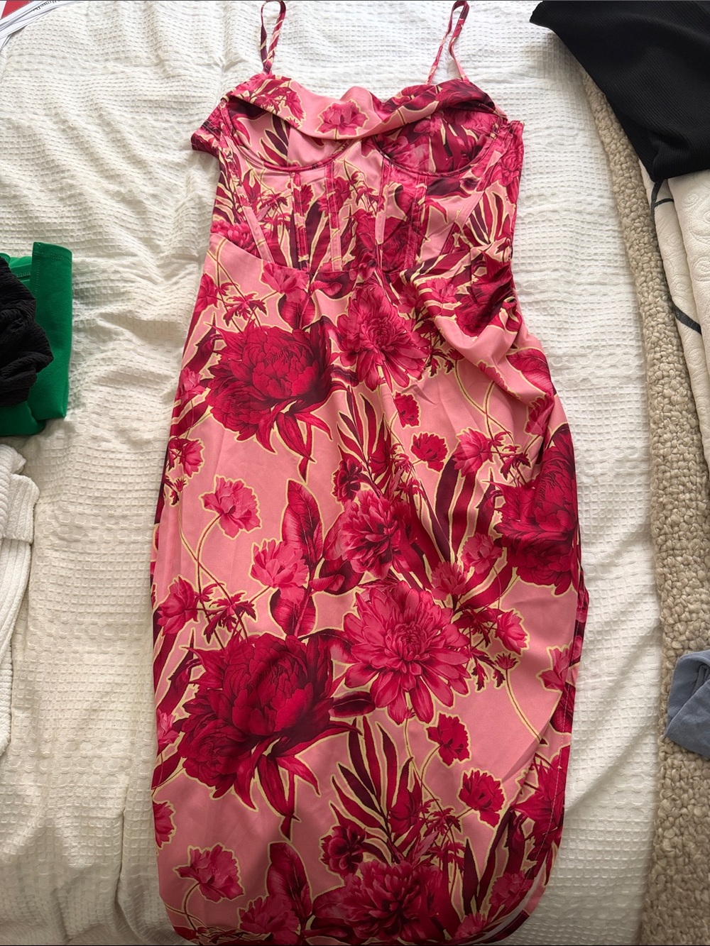 PrettyLittleThing Pink Slip Midi Dress with Fuchsia Floral Print